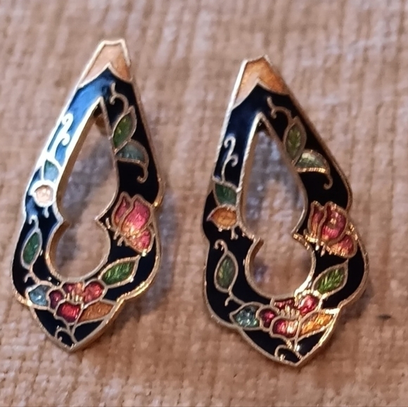 Gold Tone Cloisonne Enamel Earrings - Picture 5 of 9